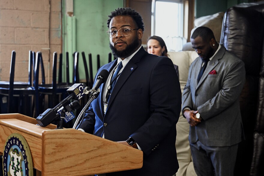 Deputy Commissioner Julian Pierce of the Connecticut Department of Housing, spoke of the importance of funding and of the suffering due to homelessness last year during a press conference announcing funding for homeless support services including cold-weather shelters at the Journey Home furniture warehouse in West Hartford, Connecticut October 09 2025.