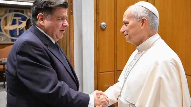 Illinois Gov. JB Pritzker shakes Pope Leo XIV’s during a meeting in Vatican City on Nov. 19, 2025.