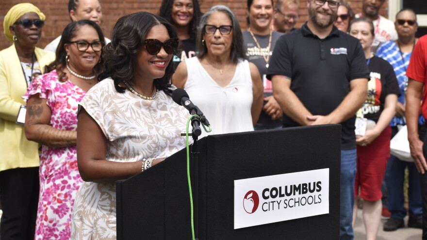 Columbus City Schools Superintendent Angela Chapman speaks at Salem Elementary School on August 19, 2026.