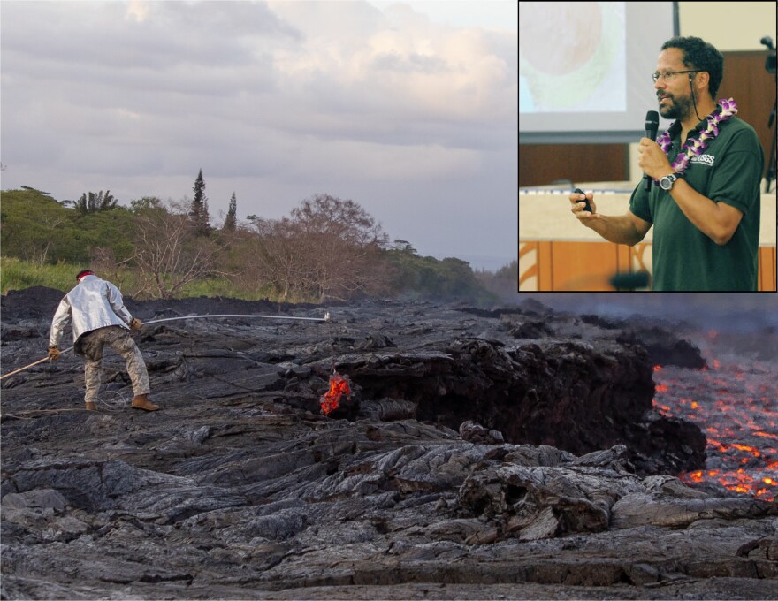 Hawaiian Volcano Observatory geologist Frank Trusdell collects a sample of lava from the fissure 8 channel during Kīlauea Volcano's lower East Rift Zone eruption in July 2018. (A. Hara) The inset photo shows Trusdell presenting an update on Maunaloa for a West Hawaiʻi Community Forum in February 2018. (Laura Ruminski/West Hawaii Today)