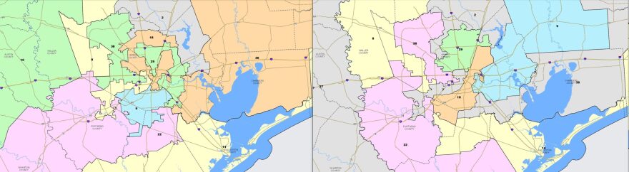 A side-by-side view of the current and newly proposed Texas Congressional Maps in Houston.