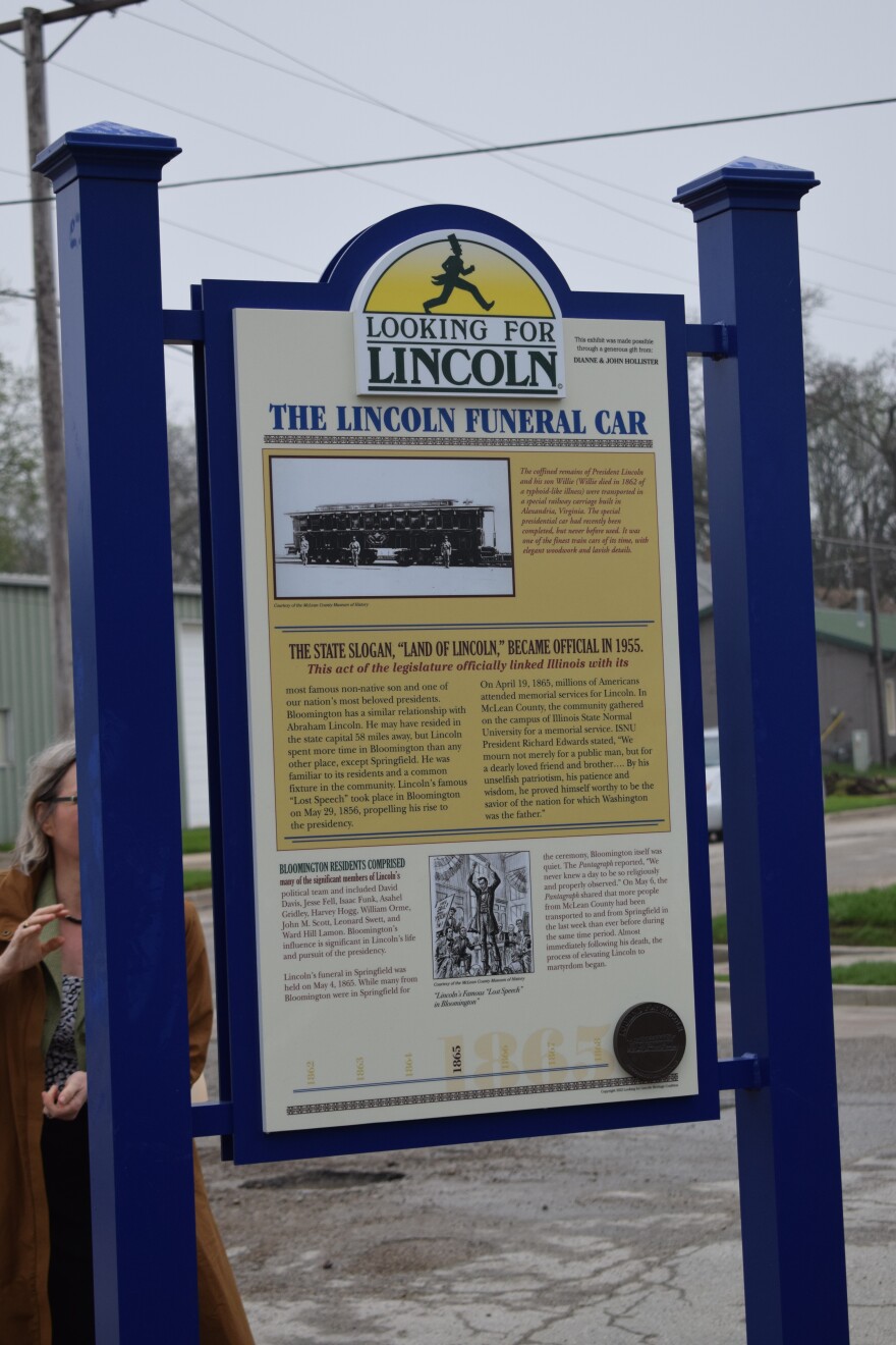 The new “ “Lincoln Funeral Train Marker” is located on the corner of Chesnut and Allin Streets in Bloomington.