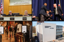 Collage of four photos. The top left photo is the Normal Town Council in their chambers, the top right photo is former Bloomington mayor Mboka Mwilambwe shaking hands with mayor Dan Brady, the bottom left photo is a line of voters, and the bottom right photo is an aerial view of the Government Center in downtown Bloomington.