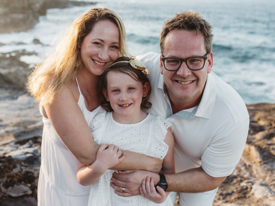 Nathan Bieck with his wife Ashley and 9-year-old daughter Maddie. Since being furloughed in the pandemic, Bieck has become Teacher Dad, helping Maddie with virtual school while job searching himself.