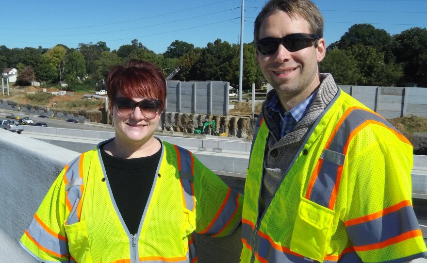 Spokeswoman Jean LeierChief Operating Officer David Hannon of I-77 Mobility Partners, on the ramp from I-77 S to I-277 inner loop.