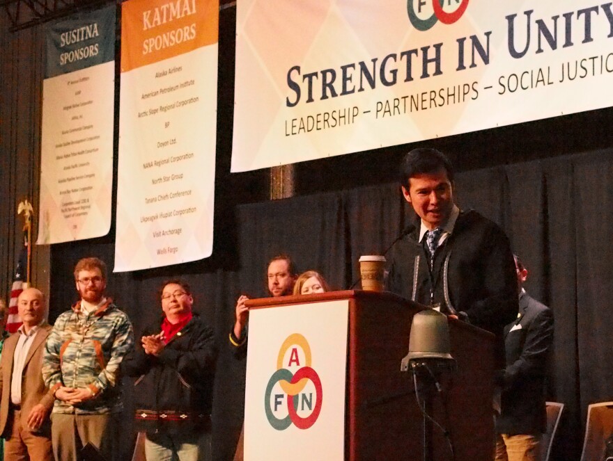 Neal Foster addressing AFN as part of the state house Bush caucus. (Photo by Zachariah Hughes, Alaska Public Media - Anchorage)