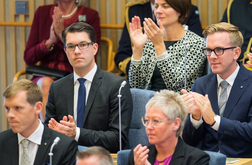 Jimmie Akesson, leader of the Sweden Democrats Party (top left), attends the opening of the Swedish Parliament in Stockholm in September.