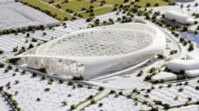 A three-dimensional model of the new Los Angeles Rams stadium is on display during the groundbreaking for the team's new stadium and entertainment district in Inglewood, Calif. (Richard Vogel/AP)