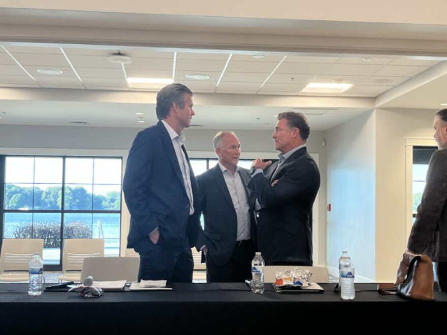 Left to right: Sen. Ryan Mishler, Rep. Craig Snow and Sen. Chris Garten talk before a property tax event in Warsaw Indiana on Sept. 29, 2026.