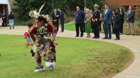 First Lady Jill Biden and surgeon general Dr. Vivek Murphy arrive at the Saginaw Chippewa tribe’s Ziibiwing cultural center outside Mount Pleasant Sunday and are greeted with traditional music and dancing.