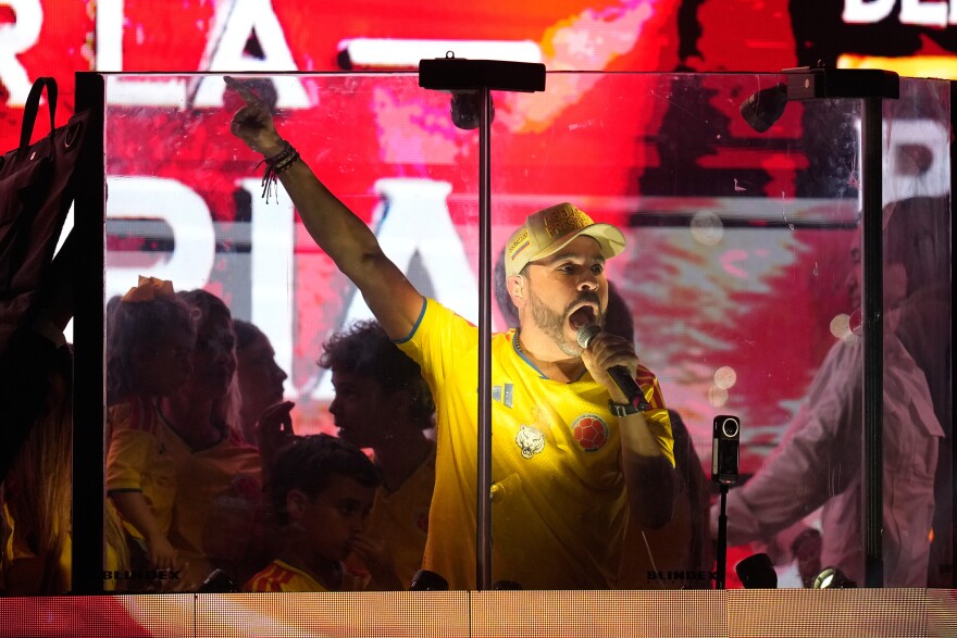 Hard Right Swing: Right-wing populist candidate Abelardo de la Espriella — wearing Colombia's national soccer jersey — speaks to supporters at a rally in Barranquilla, Colombia, on Sunday, May 31, after leading the first round of the country's presidential election and advancing to a runoff set for June 21.