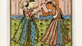 Vintage colour lithograph showing Persian Dancing Girls