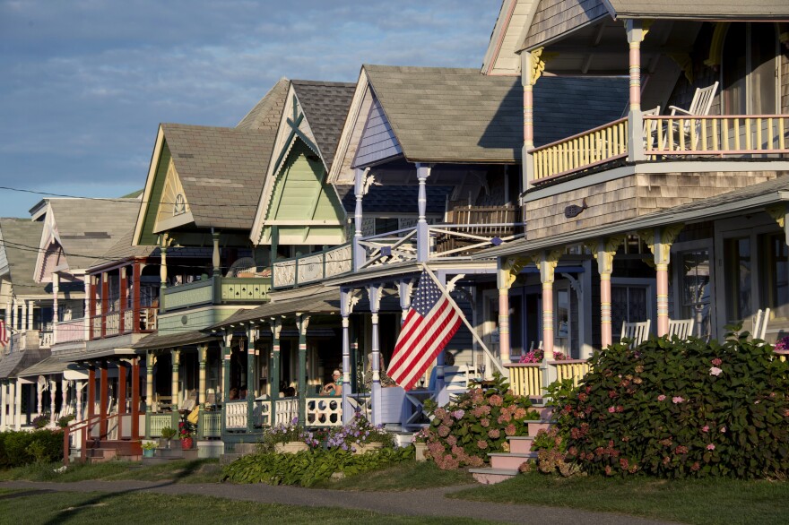 Gingerbread houses in the Martha's Vineyard Camp Meeting Association (MVCMA), formerly known as "Wesleyan Grove," or the Methodist Camp Ground in Oak Bluffs in Martha's Vineyard, MA on August 21, 2014. The campground is made up of summer cottages dating back to the 1800 and is a National Historic Landmark.