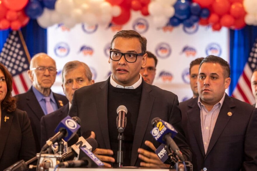 Congressman-elect George Devolder Santos joined the newly  elected GOP members of the Senate and Congress during a press conference on November. 9, 2022 in Baldwin, New York. (Photo by Alejandra Villa Loarca/Newsday RM via Getty Images)