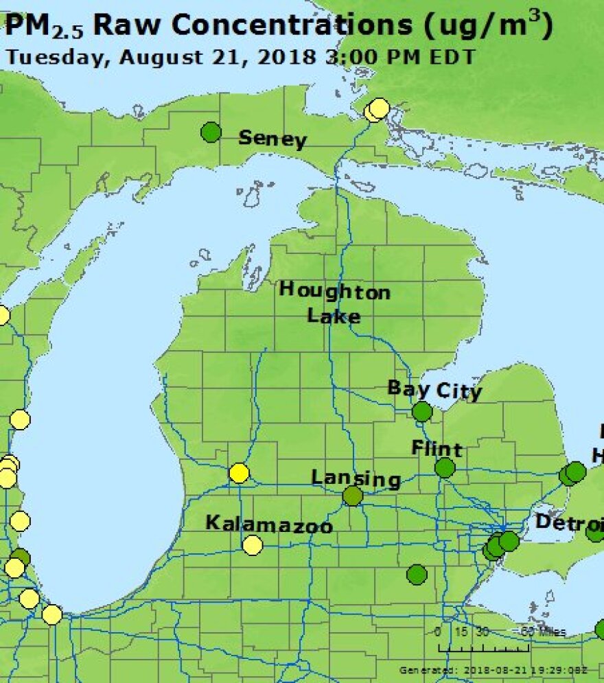 Michigan fine particle pollution map, August 21, 2018