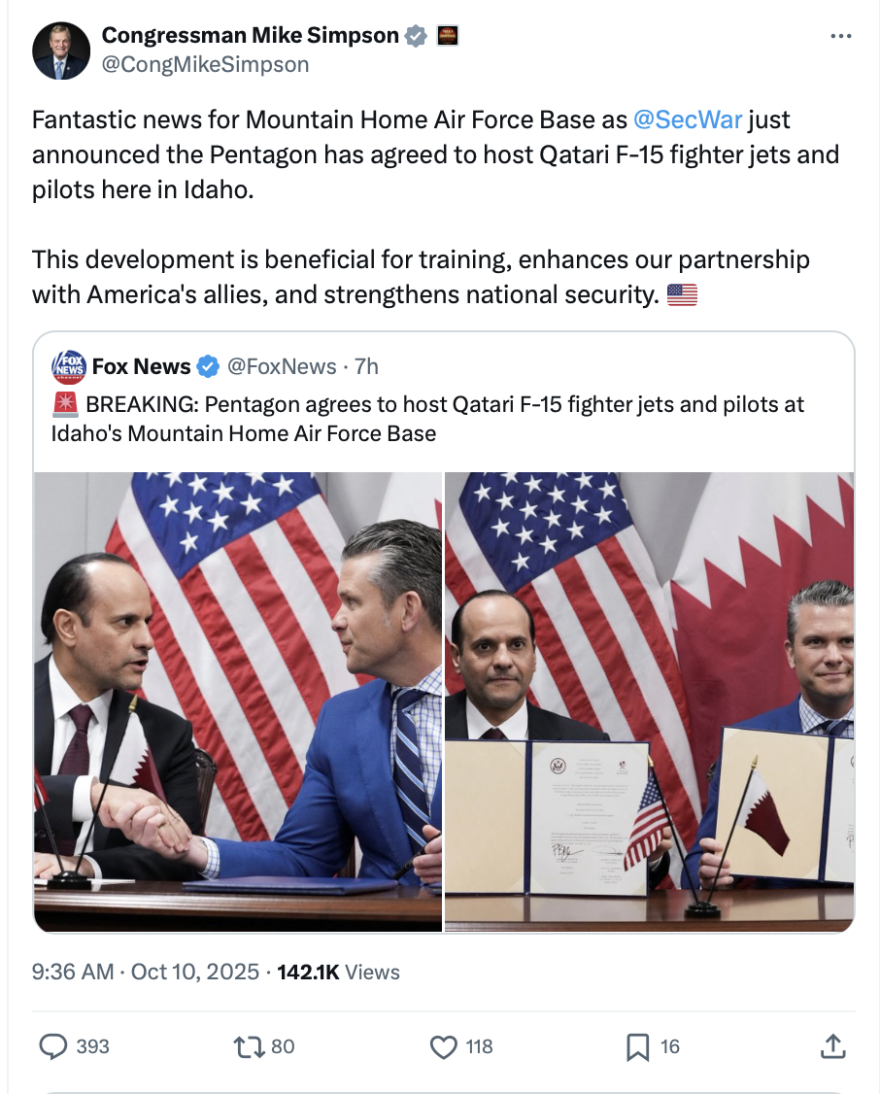 A screenshot of Congressman Mike Simpson’s X post following the announcement