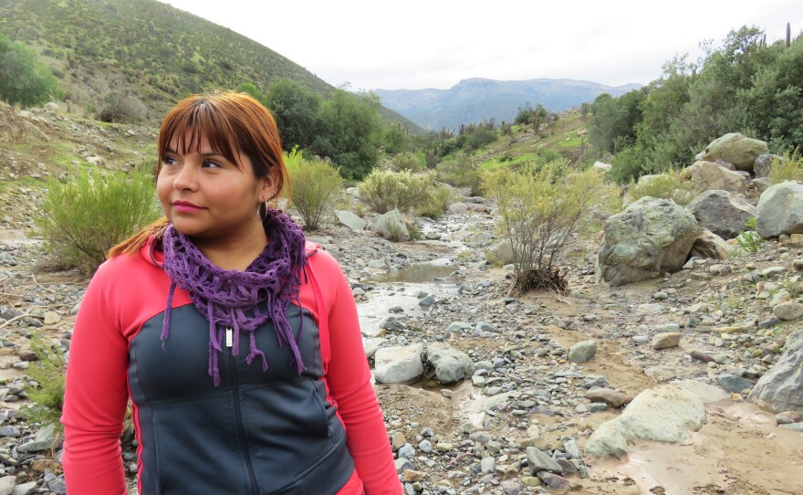 Ana Varas lives in the countryside of central Chile. She is standing by the river that supplied the nearby gold mine where her husband worked. It went completely dry because of the drought.