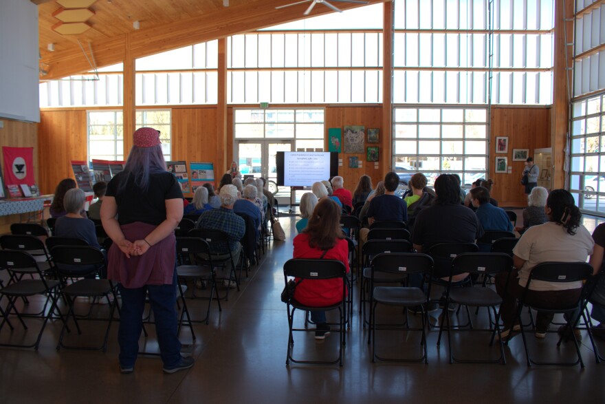 Residents listen to presentation detailing the history of the Farmworkers’ union in Oregon on March 16, 2026.