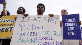 People in favor of canceling student debt protest outside the Supreme Court, Friday, June 30. (Mariam Zuhaib/AP)