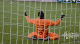 Spokane Velocity goalkeeper Carlos Merancio falls to his knees during a close game against the Portland Hearts of Pine in November 2025.