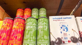 Hemp-derived THC seltzers seen on a shelf at Bottles Fine Wine on Providence’s East Side.