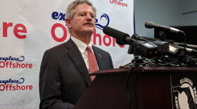 Explore Offshore Coalition Co-Chair Jim Nicholson speaks during the campaign launch media event at the Florida Press Center in Tallahassee.