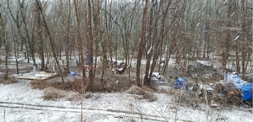 An encampment near the Coal River in the winter of 2019 in Kanawha County, W.Va.