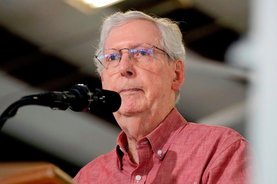 FILE - Sen. Mitch McConnell, R-Ky., speaks at an event, Aug. 2, 2025, in Fancy Farm, Ky.