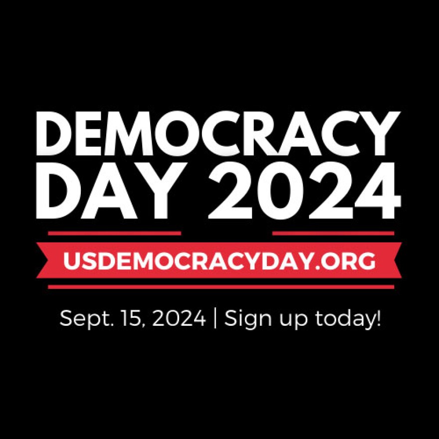 Democracy Day 2024 logo. Democracy Day is Sept. 15, 2024. Learn more at USDemocracyDay.org.