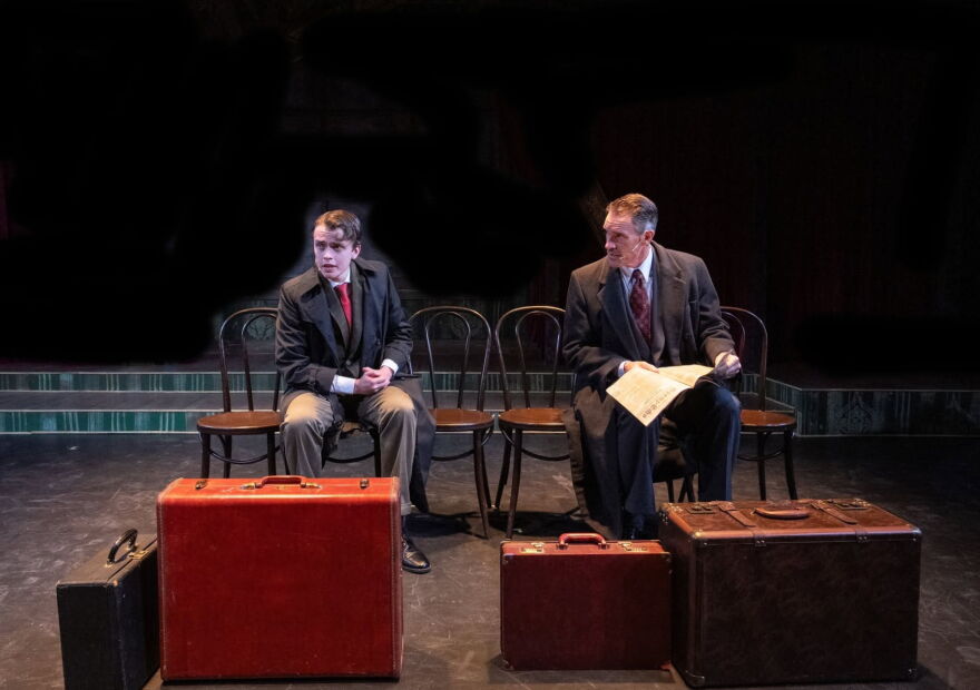 Noah Patrick Zimmerman and Gerritt VanderMeer in train station scene from 'Cabaret.'