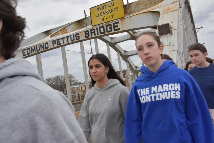 Miriam Mohamed (center left) and her classmates crossed the Edmund Pettus Bridge in Selma, Alabama, in March 2025. The bridge was the launch point of the 1965 Voting Rights March and site of the violent Bloody Sunday confrontation with police a few days earlier.
