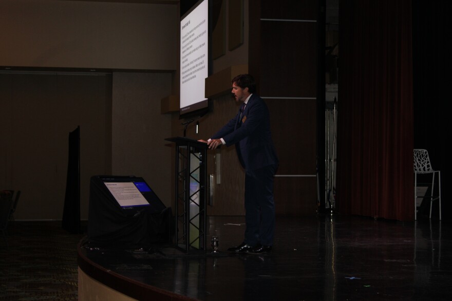 St. Louis Federal Reserve economist Charles Gascon gave a talk on the current economic outlook for a lunchtime gathering of 426 Springfield Area Chamber of Commerce members at the Oasis hotel and convention center on August 14, 2024.