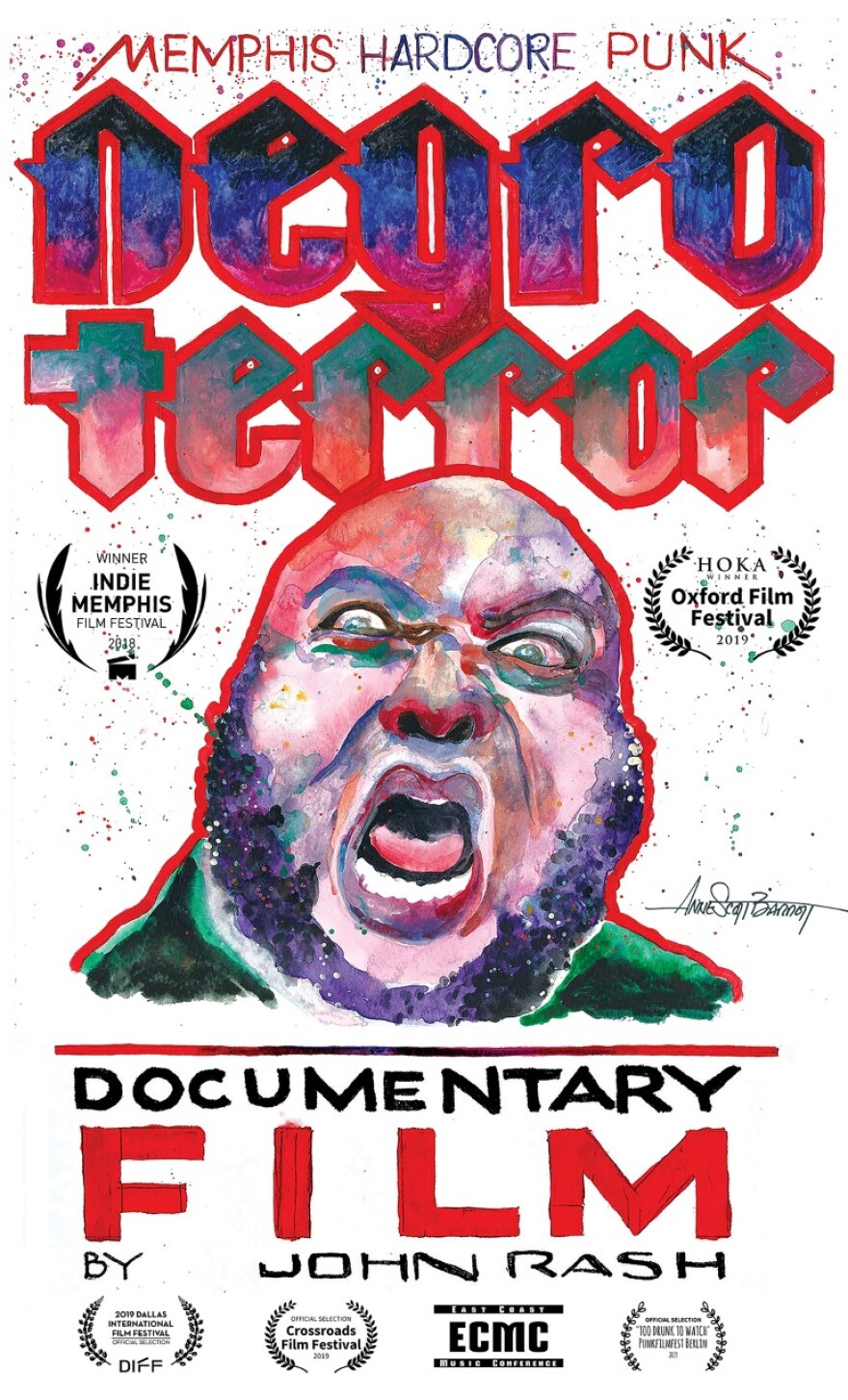 Film poster showing an illustrated portrait of the lead singer angrily yelling