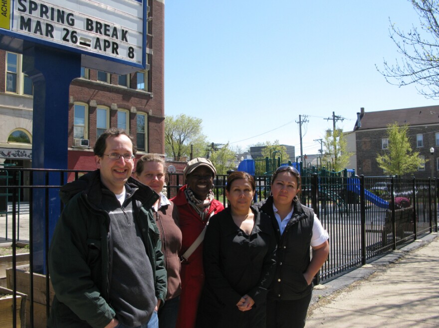 Parents who oppose Emanuel's plan to lengthen the school day to seven hours for elementary students (from left): Jonathan Goldman, Joy Clendenning, Josephine Sanders, Nellie Cotton and Mary Botello.