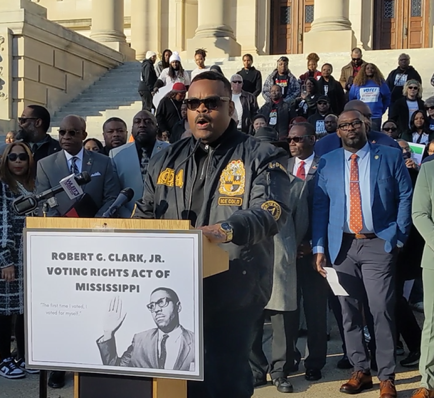 Representative Kabir Karriem on Jan. 19, 2026, speaking at the Capitol on the proposed Robert G. Clark, Jr. Voting Rights Act of Mississippi – one of several voting rights measures that Karriem supported, along with those pushing for automatic restoration.