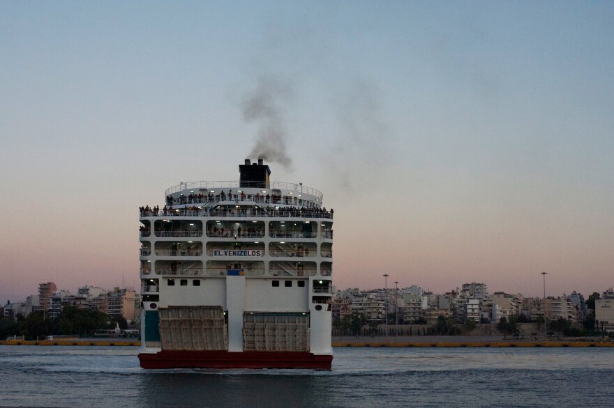 The Eleftherios Venizelos ferry, which Greece now uses exclusively to transport refugees from the Aegean islands, arrives in the port of Piraeus near Athens.