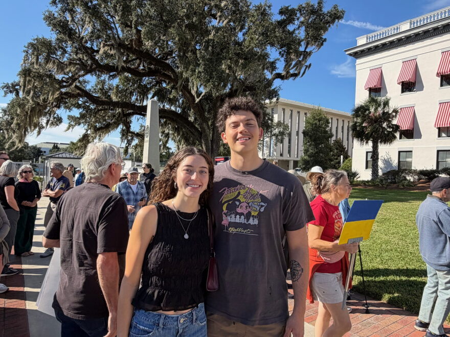 Olivia Barber, left, and Sam Kokales attended the No Kings day of action rally on Oct. 17, 2026, in Tallahassee.