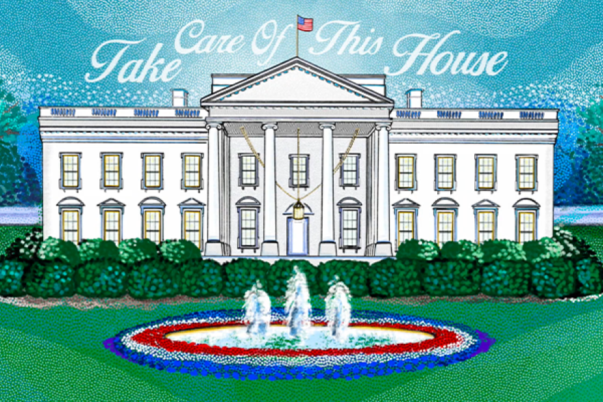 Screenshot from Lara Downes's video "Take Care Of This House" showing an artistic rendition of the White House