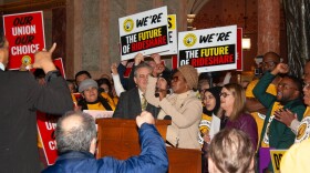 Rep. Yolonda Morris speaks at a rally with rideshare drivers in the Illinois State Capitol on Jan. 21, 2026. Drivers and lobbyists met with legislators to ask for support on a bill that would give rideshare drivers the right to unionize.