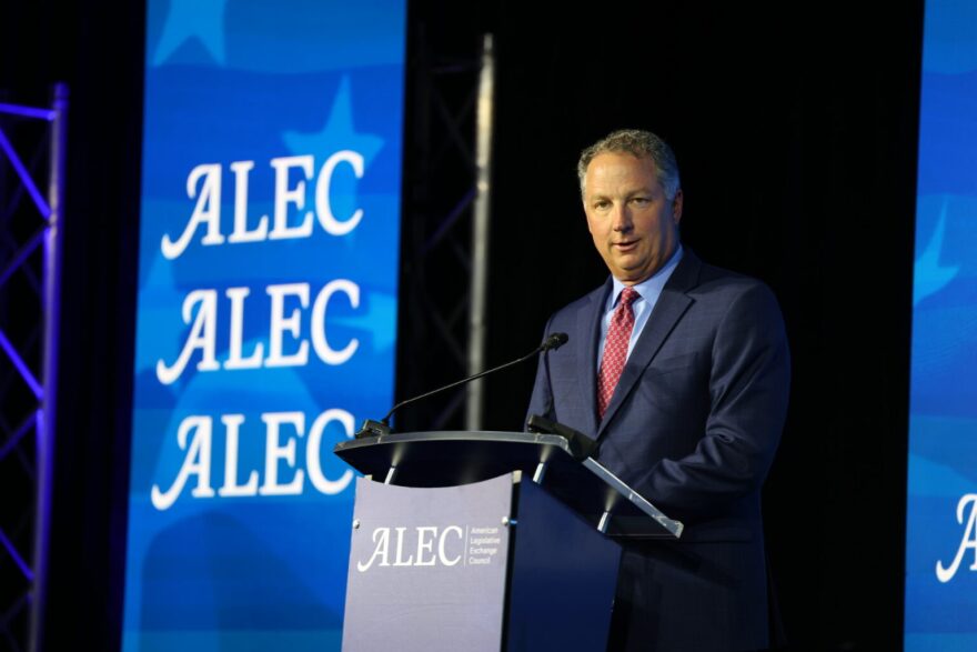  Indiana House Speaker Todd Huston speaking at a podium at the American Legislative Exchange Council's annual meeting on Wednesday, July 16, 2025, in Indianapolis.