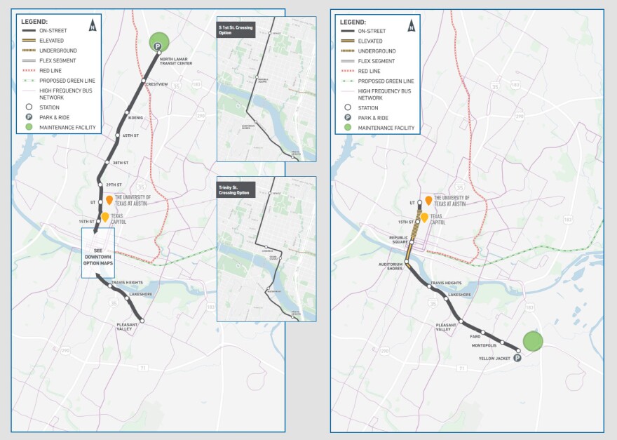 Side-by-side maps showing the North Lamar to Pleasant Valley option next to the UT to Yellow Jacket line.