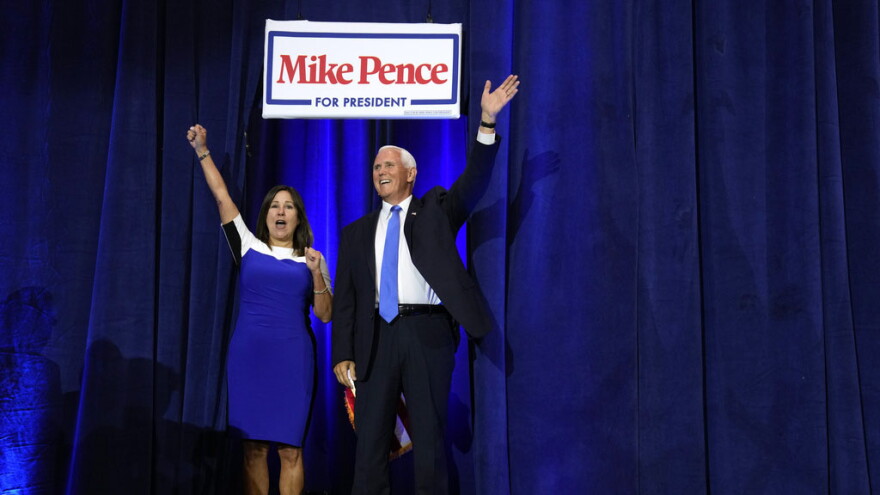 Republican presidential candidate former Vice President Mike Pence and his wife Karen arrives to speak at a campaign event, Wednesday, June 7, 2023, in Ankeny, Iowa.