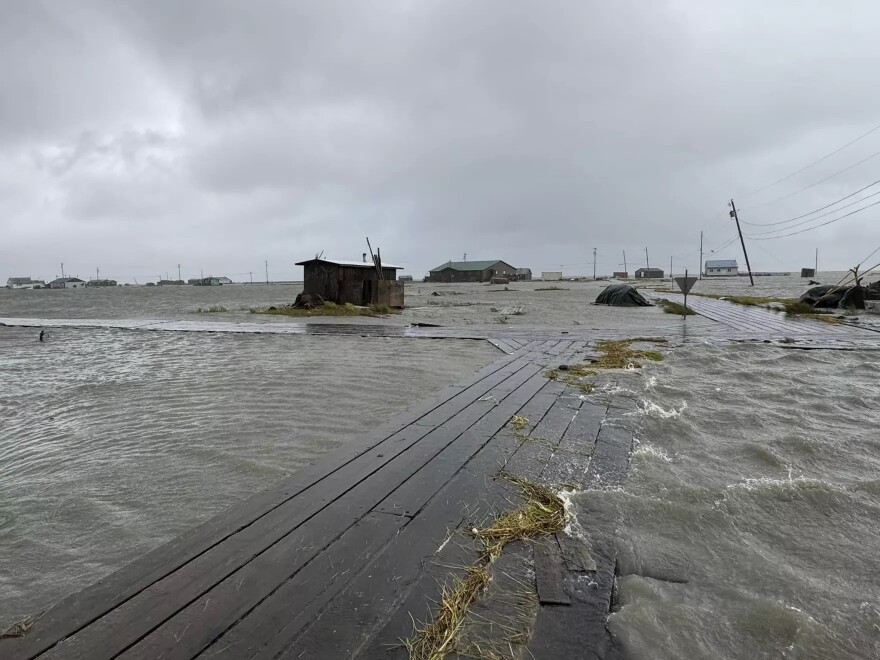 Severe flooding is seen in the coastal community of Kwigillingok on the morning of Sunday, Aug. 18, 2024.