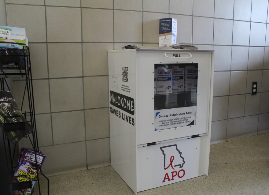 The Rest Easy Naloxone Project box at the eastbound Conway Welcome Center in Webster County, Mo. on September 1, 2026.
