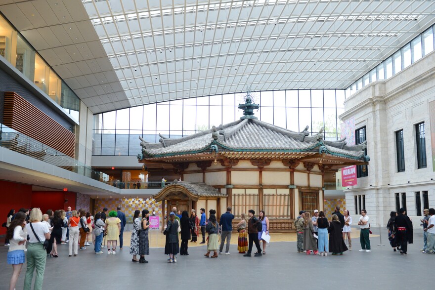 A Japanese style temple is constructed inside a museum