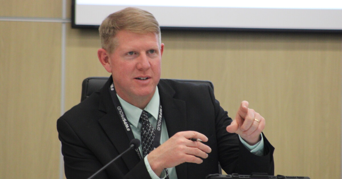 Wichita Superintendent Kelly Bielefeld speaks during the school board meeting on Monday. He says the district is not abandoning the concept of neighborhood schools.