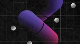 an illustration depicting purple capsules and white pills floating within a grid structure