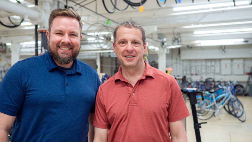 Matt Jaglowski (left) and Rick Armbruster (right) in Upcycle Bikes’ shop in Grand Rapids.