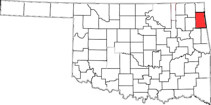 Delaware County, colored red, is east of Tulsa.