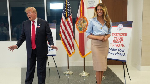 President Donald Trump speaks alongside first lady Melania Trump after casting his early-voting ballot for the 2026 midterm elections at the Palm Beach County Library in West Palm Beach, Fla., Saturday, Oct. 24, 2026. (AP Photo/Mark Schiefelbein)